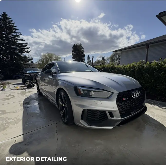 Detailer applying ceramic coating to a black Audi RS5 at a Calgary customer's driveway